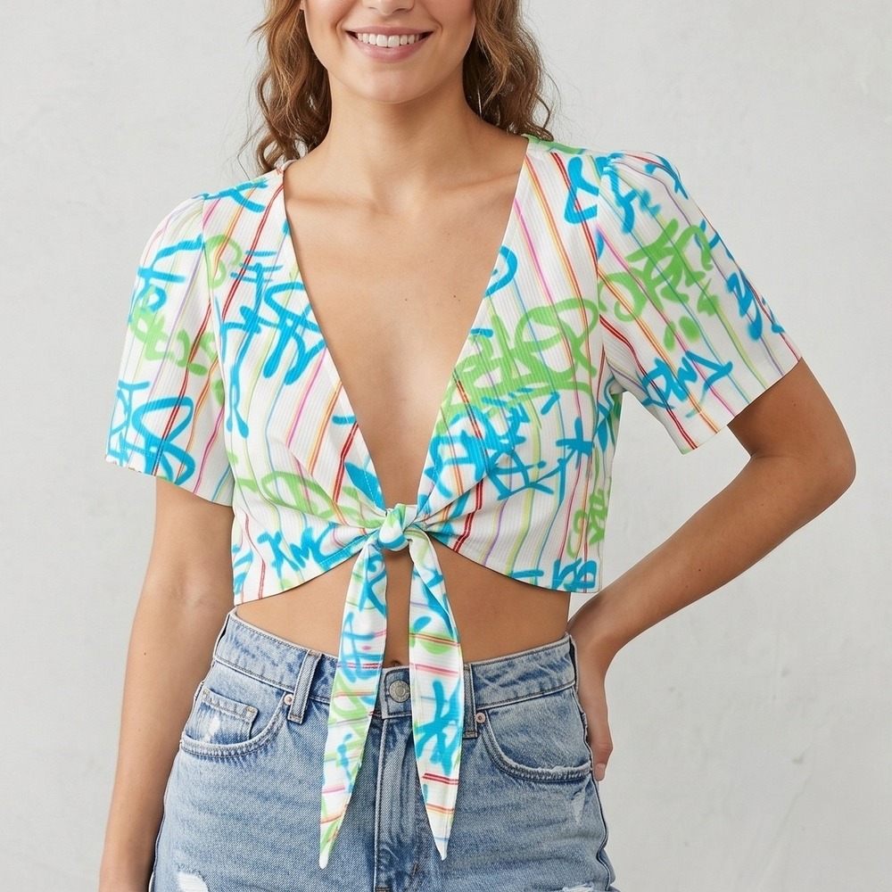 NETTLE Graffiti Tie Front Crop Top Womens M Colorful Funky Artsy Streetwear USA
